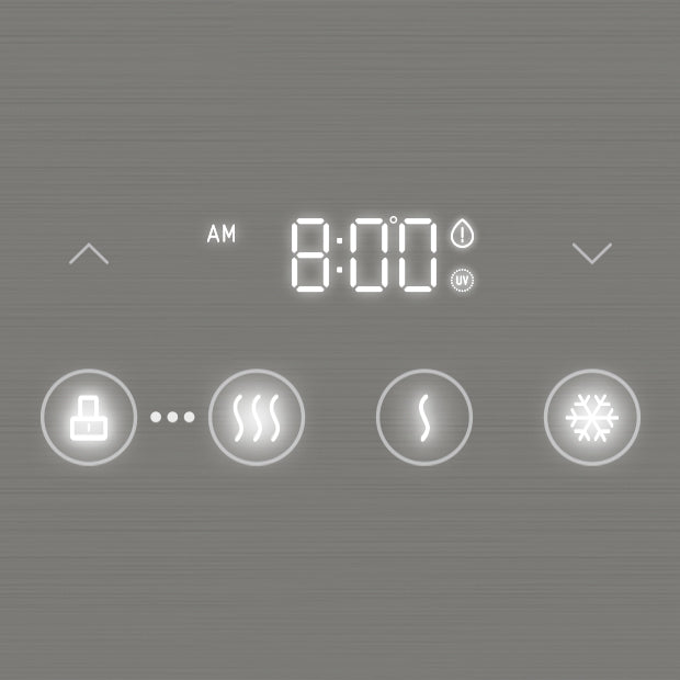 Digital control panel with an 8:00 AM time display and four illuminated icons below it: a stack of objects, three wavy lines, a single wavy line, and a snowflake. Two arrows are on either side of the time.